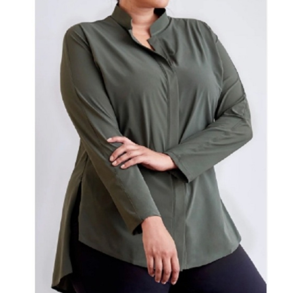 ADAY Something Borrowed long-sleeve tunic top olive green mandarin collar L